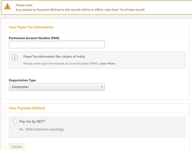 Amazon Affiliate Payment Tax Details