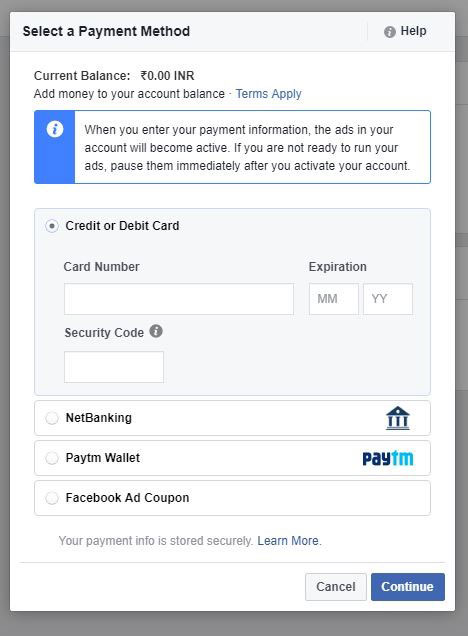 FB ADS Paytm Wallet Option