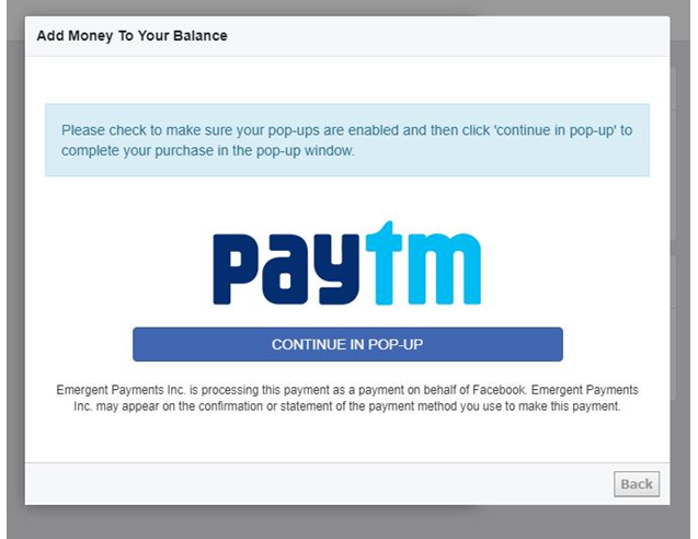 Facebook Popup Paytm