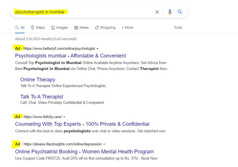 Psychotherapist digital marketing with google ads